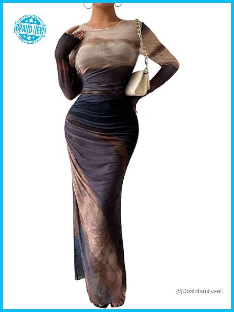 Tie Dye Long Sleeve Maxi Dress Bodycon Ruched Formal Wedding Guest Dress